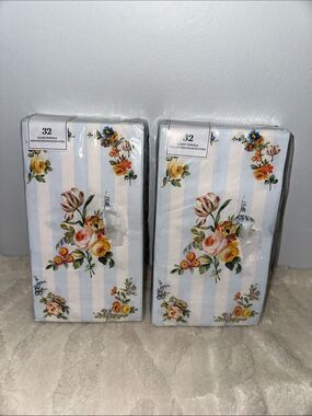 Punch Studio 32 x 2pk Guest Paper Towel Napkins White Blue Floral Stripe Print